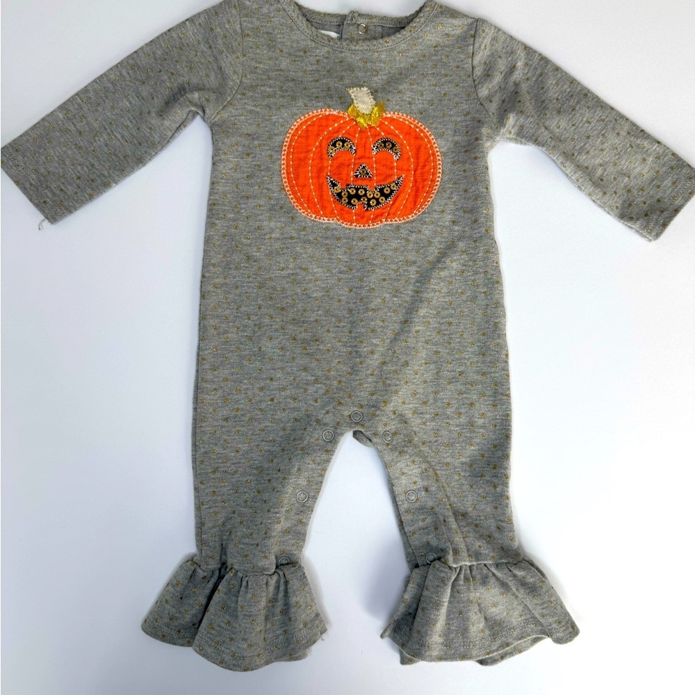 Mud Pie Babys Halloween Jumpsuit Size 3-6 Months Pumpkin Appliqué Ruffle Hem